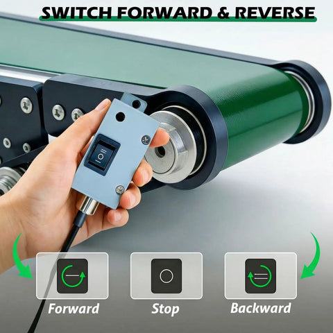 Hand operating switch on 20 Inch Electric Desktop Conveyor Belt With Forward And Reverse Switch Stepless Speed Adjustment PVC Belt