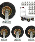 Four Pack Heavy Duty Pneumatic Caster Wheels Featuring Rock Solid Swivel Brackets And Wide Anti Slip Rubber Tires viewed from the front, ideal for tool carts.