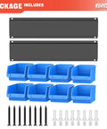 Wall Mounted Tool Organizer Bins With 8 Plastic Bins And 2 Metal Tracks For Garage And Craft Room Storage Visual Labels For Nuts Bolts Screws Easy Access And Neat Workspace In A Busy Shop Blue