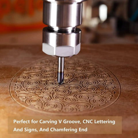 Heavy Duty Carbide V Groove Router Bit 60 Degree Chamfer End Mill cutting intricate design on CNC machine