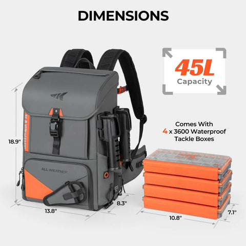 All Weather Fishing Tackle Backpack With Four Waterproof Tackle Boxes And Removable Rod Holders ArmorShield Waterproof Fabric Gear Bag displayed with dimensions and capacity