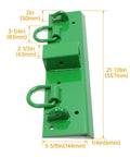Green heavy-duty steel tractor grab hook, 4.96 inch wide by 21.93 inch long, bolt-on for John Deere 2 inch receiver.