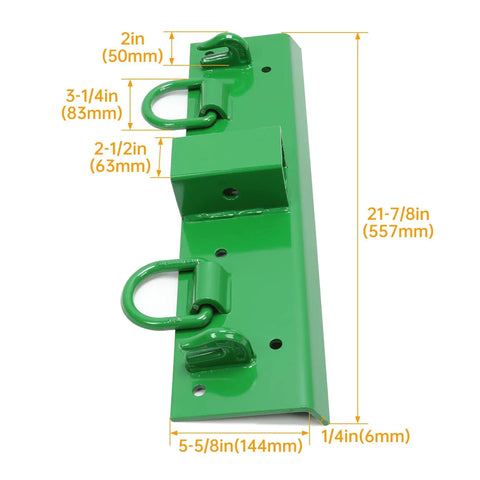 Green heavy-duty steel tractor grab hook, 4.96 inch wide by 21.93 inch long, bolt-on for John Deere 2 inch receiver.