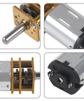 Close-up of Six Volt DC Micro Gear Motor with all metal gears and N20 gearbox, showing motor shaft and construction details.