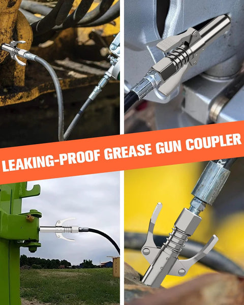 Four-view collage of Luckywagon grease gun coupler showing quick-release lever and dual jaws; fits 1/8-in NPT