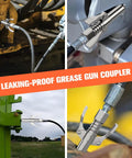Beefy 12000 PSI Grease Gun Coupler 2 Pack With Quick Lock Release Dual Handle Fittings Leak Proof Zerk Adapters in use on machinery