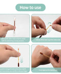 Steps showing how to use Travel Ready Iodine Swabs With Snap And Flow Technology, Premium Organic Cotton Tips for wound care.