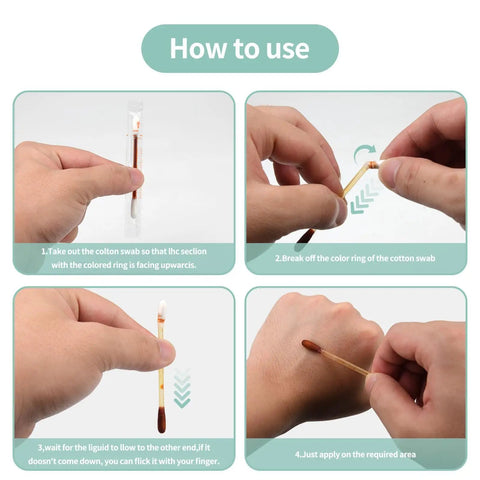 Steps showing how to use Travel Ready Iodine Swabs With Snap And Flow Technology, Premium Organic Cotton Tips for wound care.