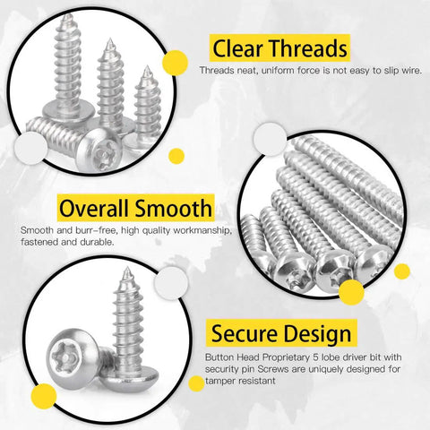 Close-up of 210 Pcs No 8 Stainless Steel Button Head Torx Sheet Metal Screws Security Anti Theft Tamper Proof Assortment Kit and T20 Driver Bit