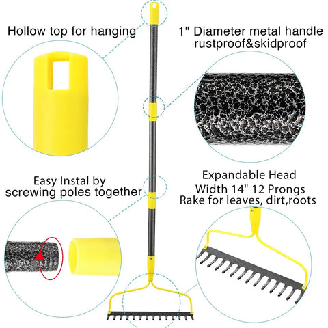 Heavy Duty Metal Garden Rake for Leaves and Lawn, 12 Prongs, 14 Inch Wide, Adjustable 32 To 50 Inch Handle, Rustproof Skidproof Iron