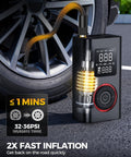Pocket Sized Tire Inflator Air Compressor With Type C Charging next to car tire for quick inflation