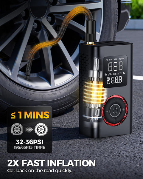Pocket Sized Tire Inflator Air Compressor With Type C Charging next to car tire for quick inflation