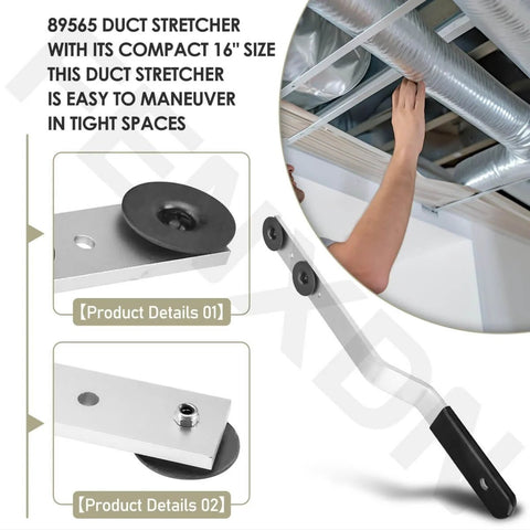 16 Inch Duct Stretcher Tool For HVAC Ductwork Alignment With Offset Handle And Sliding Washers shown in use and close-up detail view.