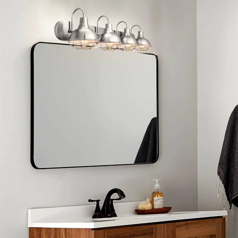 36-Inch 4-Light Modern Industrial Vanity Light With Metal Cage Shades in brushed nickel above bathroom mirror