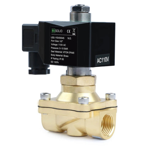 Half Inch Brass Solenoid Valve, Normally Open, 110 to 120V AC, 145 PSI Electric Valve For Water Air Diesel, Half Inch NPT.
