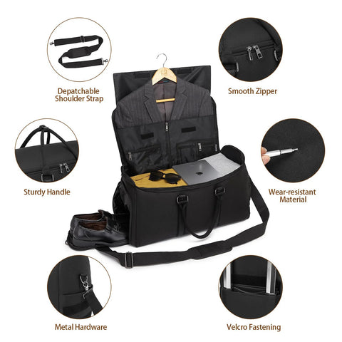 seyfocnia black rolling garment bag with wheels, multiple zip pockets and shoe compartment (front view)