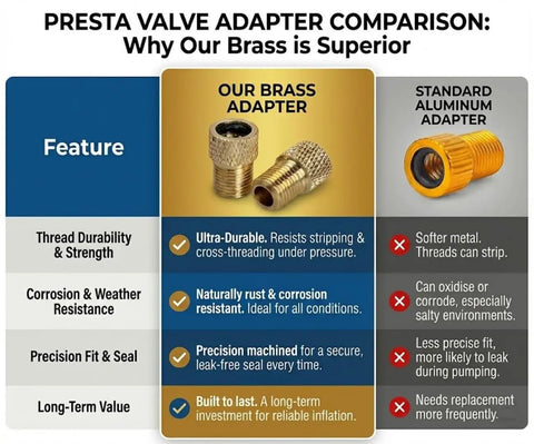 Comparison chart of brass versus aluminum adapters showcasing features of Valve Adapter Set For Presta To Schrader, Universal Fit For Bikes And EScooters, Brass Adapters With Case, 5 Adapters And 10 Caps, Lets You Inflate Tires Like A Boss With Any Standard Pump Or Air Compressor.