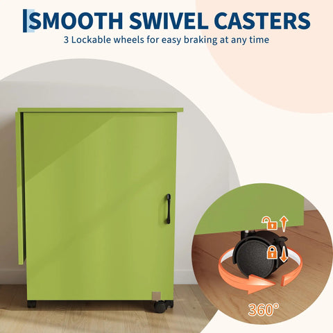 Slick Fold Up Sewing Table With Built In Charging Port And Smooth Rolling Lockable Wheels showcasing green cabinet with swivel casters.