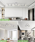 Dope 6 Light Brushed Nickel Ceiling Track Lighting Fixture Kit installed in modern living and dining areas, various configurations