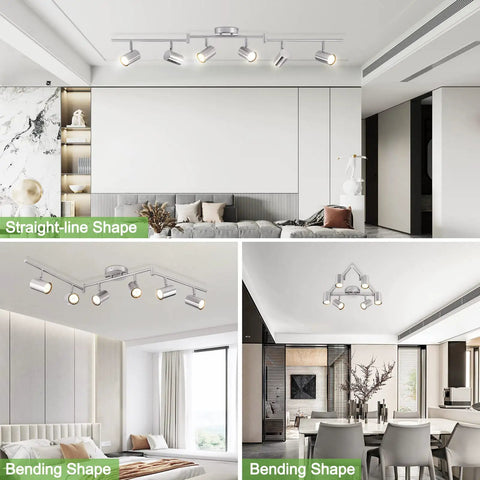 Dope 6 Light Brushed Nickel Ceiling Track Lighting Fixture Kit installed in modern living and dining areas, various configurations