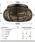 2 Light Rattan Ceiling Light 12.6 Inch Semi Flush Mount Handwoven Boho Brown Farmhouse Cage Fixture dimensions and specs