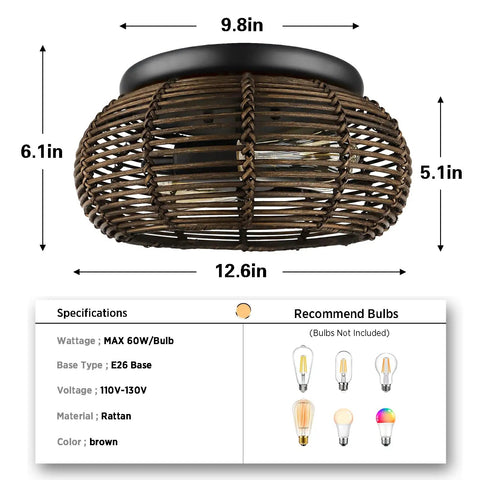 2 Light Rattan Ceiling Light 12.6 Inch Semi Flush Mount Handwoven Boho Brown Farmhouse Cage Fixture dimensions and specs