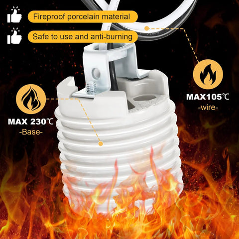 Four Pack Medium Base E26 Ceramic Screw In Lighting Socket With White Decor Ring And Six Inch Pre Wired Lead For Led And Halogen Bulbs Hella Reliable With No Drama Setup close-up showing fireproof porcelain base with maximum temperature ratings.