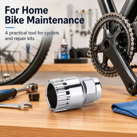 Pro Grade All In One Bike Maintenance Kit With Bottom Bracket Removal Tool on a workshop table with bike and tools in background