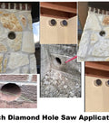 Collage showing clean holes drilled in concrete and stone using 4 Inch Masonry Hole Saw With Heavy Duty Dry Core Diamond Bit And Precision Locator Guide For Concrete Brick Or Stone Drilling 2 Inch Depth And Fast Clean Holes