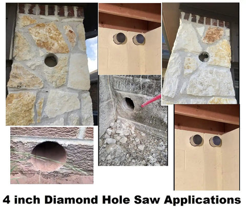 Collage showing clean holes drilled in concrete and stone using 4 Inch Masonry Hole Saw With Heavy Duty Dry Core Diamond Bit And Precision Locator Guide For Concrete Brick Or Stone Drilling 2 Inch Depth And Fast Clean Holes