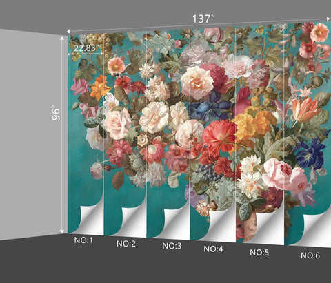 Pink Peony Floral Wallpaper Mural For Girls Bedroom, Botanical Rose Leaves Wall Decor, Large 137 By 96 Inch Fabric Wall Art