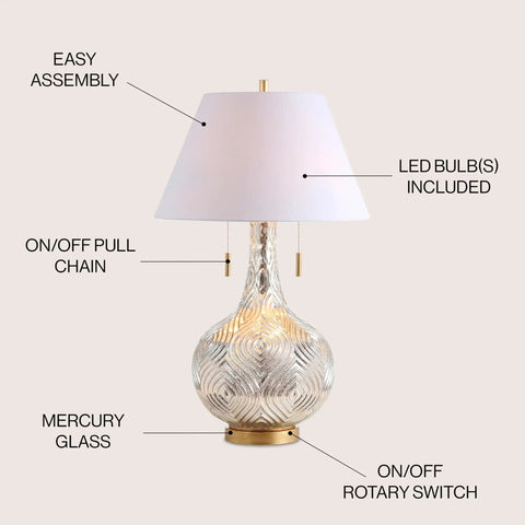 Mercury Silver And Gold Two Light Gourd Glass LED Table Lamp With White Linen Shade for Living Room, showing mercury glass base