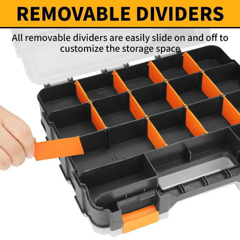 Dual Side 34 Compartments Mini Tool Box Organizer with customizable layout and removable partitions for tools and crafts.