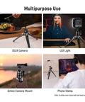 Collage showcasing Go-To Mini Metal Table Tripod With 360 Degree Ball Head For Camera, Phone, And Action Cam in various uses