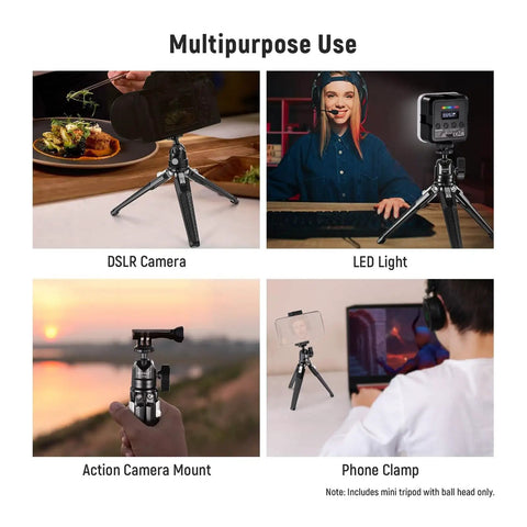 Collage showcasing Go-To Mini Metal Table Tripod With 360 Degree Ball Head For Camera, Phone, And Action Cam in various uses