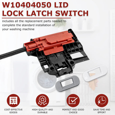 Washer Lid Lock Switch Assembly Replacement Kit with bezel shown near washing machine. Compatible with major front load washers.