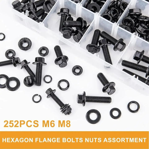 252Pcs Flange Hex Bolt Nut Washer Kit For Metric M6 M8 In Alloy Steel Black Zinc Plated No Fuss Install Durable Fasteners