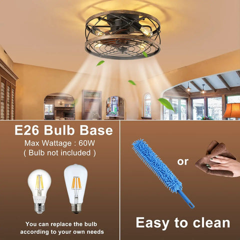 Dope Industrial Cage Ceiling Fan With Light Remote Control 20 Inch Low Profile Flush Mount Farmhouse Style Black Iron