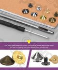 Top Shelf Silver Cone Spikes And Studs Hardware Kit Includes Hole Punch And Screwdriver For Custom Leather Craft Clothing Shoe Embellishments And Badass Accents, showing various silver and gold cone spikes.
