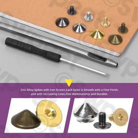 Top Shelf Silver Cone Spikes And Studs Hardware Kit Includes Hole Punch And Screwdriver For Custom Leather Craft Clothing Shoe Embellishments And Badass Accents, showing various silver and gold cone spikes.