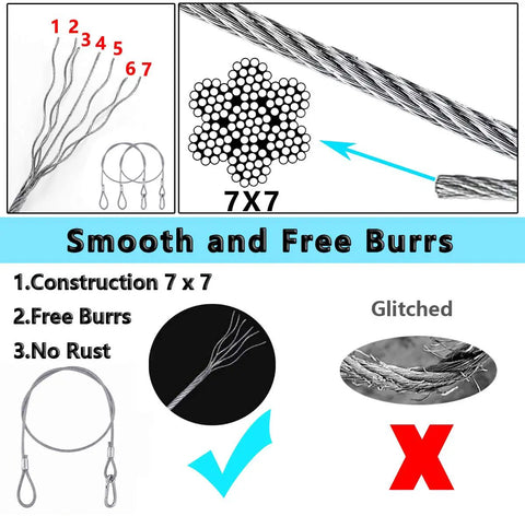 Diagram of 7x7 construction in Five Pack Stainless Steel Safety Cables For Lighting Luggage Garage Doors And Cameras 20 Inch Long Load Rated Up To 88 Lbs Per Cable Easy Install Security Wire Set.