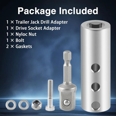 Upgraded Stainless Steel Trailer Jack Electric Drill Adapter package with 1 inch drive socket, bolt, nut, gaskets