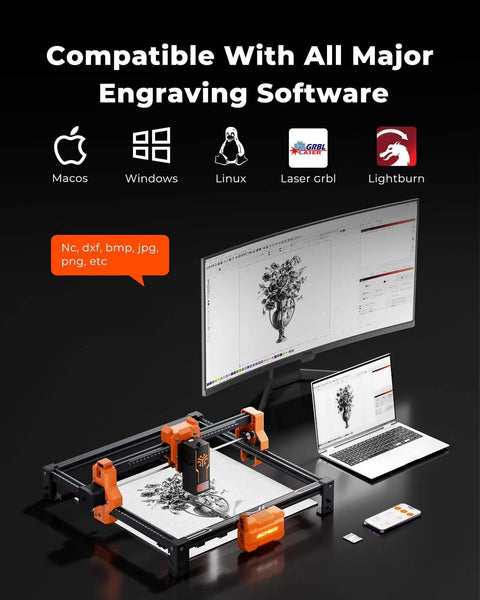 ACMER S2 12W laser engraver with black frame and orange components; connected to monitor and laptop.