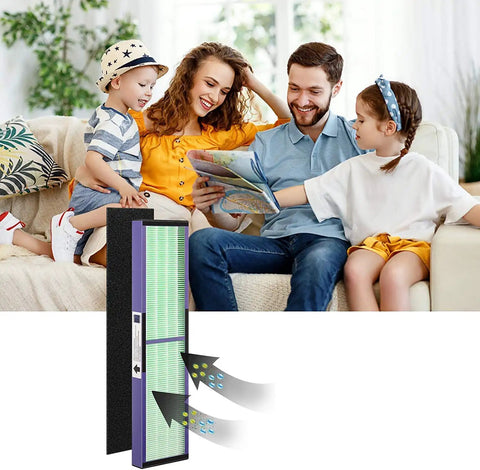 Family in living room with HEPA Replacement Filter With Pet Pure Treatment For Germ Guardian Air Purifiers AC4820 and more