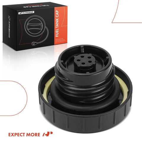 Durable Fuel Tank Filler Cap For Ford, Chevrolet, Toyota, Honda, Nissan, GMC, Volkswagen, Jeep, Dodge, Kia, Lexus, Mazda, Chrysler, Buick And More Replacement Cap 31832, shown in packaging next to product