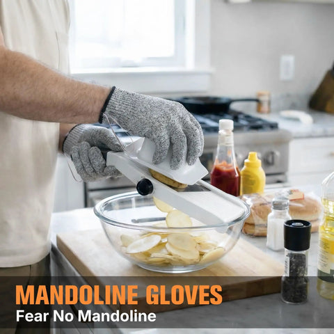 Person using Level 5 Cut Resistant Gloves Fiberglass Free Food Grade for Oyster Shucking and Meat Cutting Grey Large while slicing potatoes with a mandoline in a kitchen.