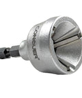 Conquer external deburring chamfer tool for metal; angled close-up of silver tool with 1/4 in hex shank.
