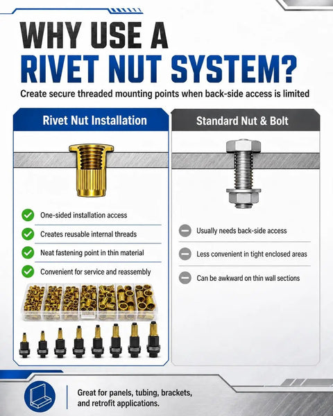 Heavy Duty Carbon Steel Rivet Nut Tool Set With Metric Mandrel Head For Installing Threaded Inserts In Sheet Metal Perfect For Home Garage And Fabrication Shops; rivet nut install guide