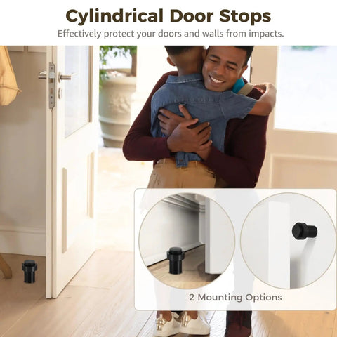 10 Piece Set Of Stainless Steel Door Stops With Dual Rubber Bumpers shown in use, offering floor and wall mounted options.