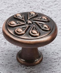 Antique Copper Round Cabinet Knob with decorative design, part of 5 Pack for Drawers and Wardrobes, Zinc Alloy, 1-3/16 Inch Diameter